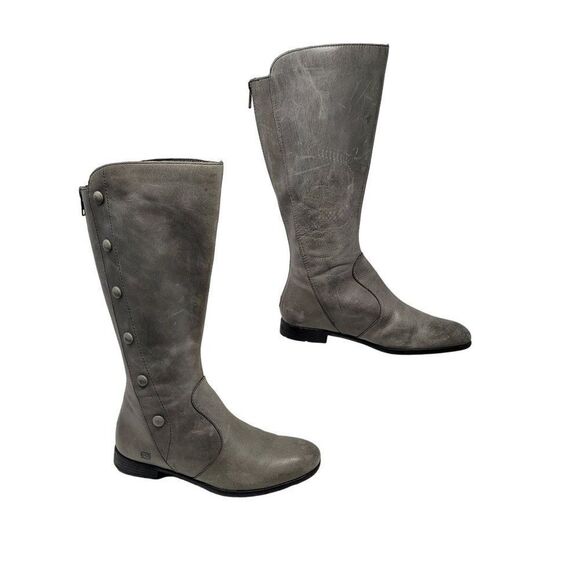 Born Gray Tall Distressed Leather Boots 7 Button Flat Zip Up Mid Calf Boho - Picture 6 of 13